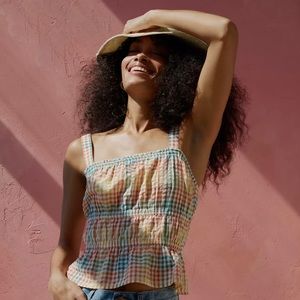 Seersucker Sophia Peplum Tank in Rainbow Gingham Check